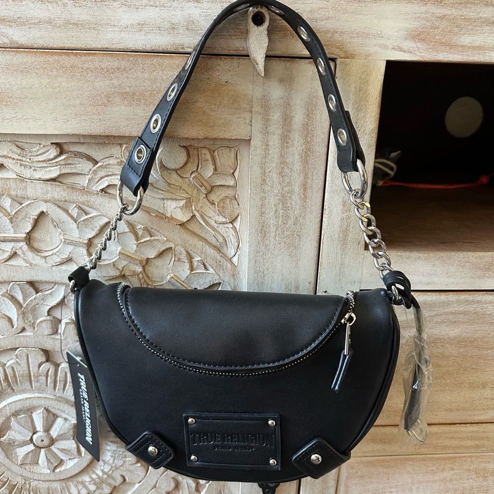 True Religion Black Crescent Shoulder Bag with Silver Accents